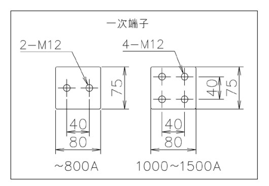 一次端子の取付形状（〜800A：2-M12、1000〜1500A：4-M12）