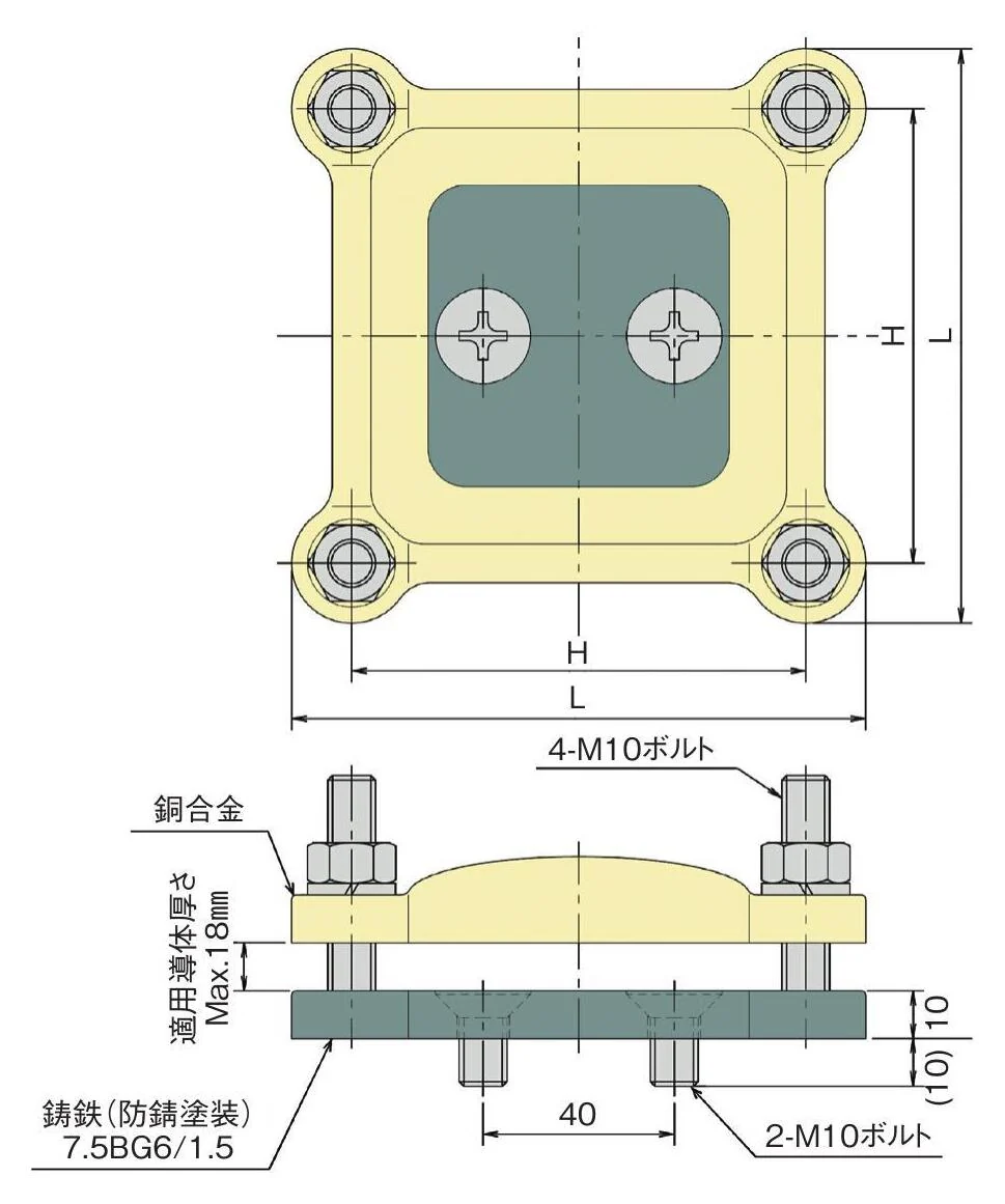 水平クランプ（4本止め）の外形寸法図